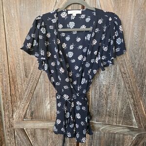 LOFT Shirt Women's Size Large Navy Floral Flutter Sleeve Wrap Blouse Silky Wrap